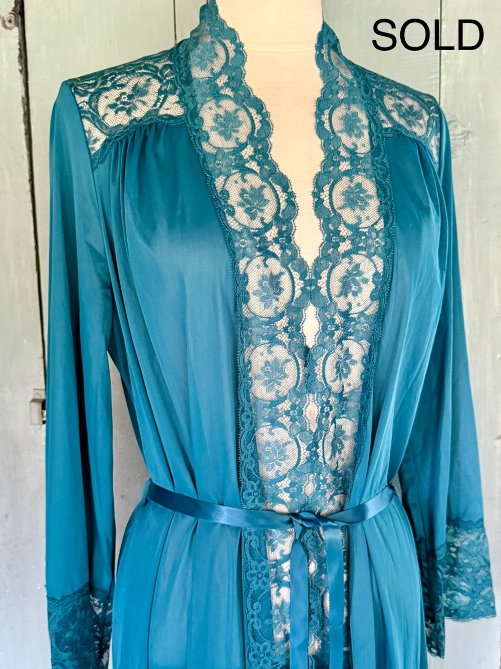 SOLD! -Not Available- Teal Turquoise OLGA Lace Trimmed Robe with Satin Tie L